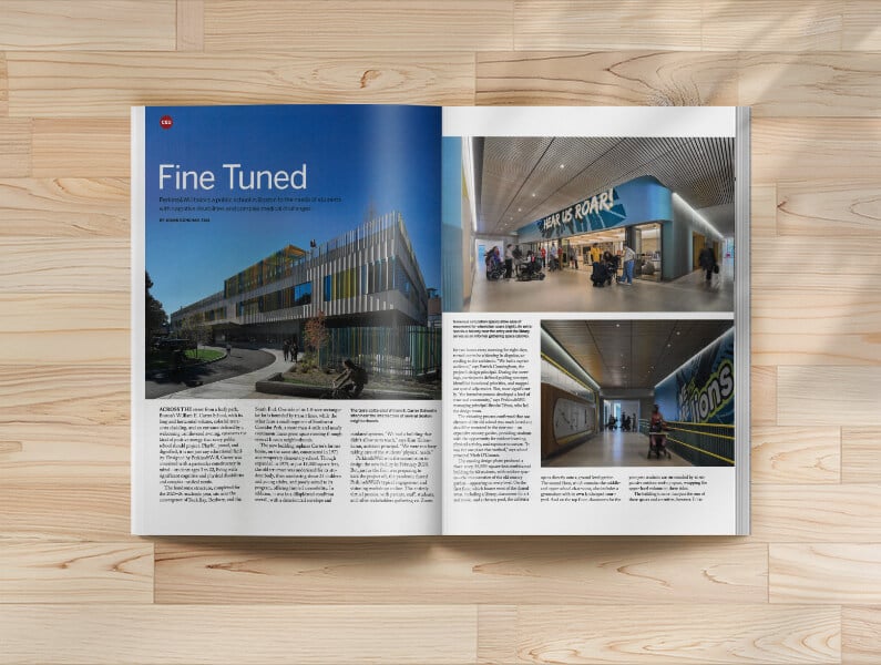 Image of an open magazine featuring an article titled Fine Tuned with a focus on a campus building, showcasing architectural details and interior spaces.