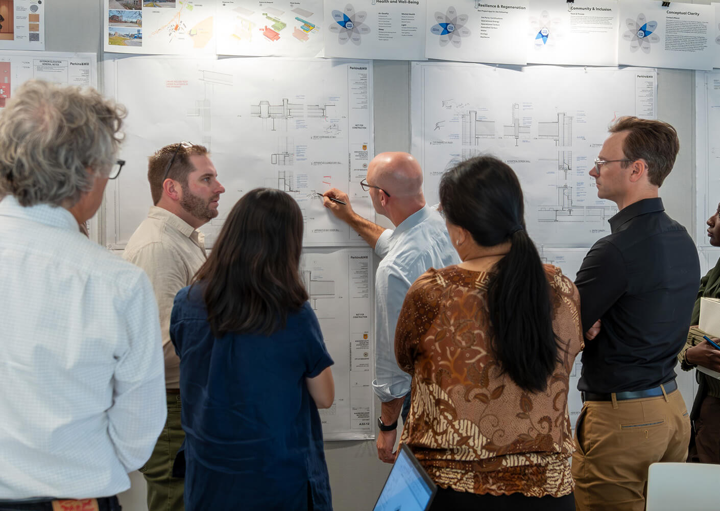 Group discussing design plans on paper at a collaborative workshop.