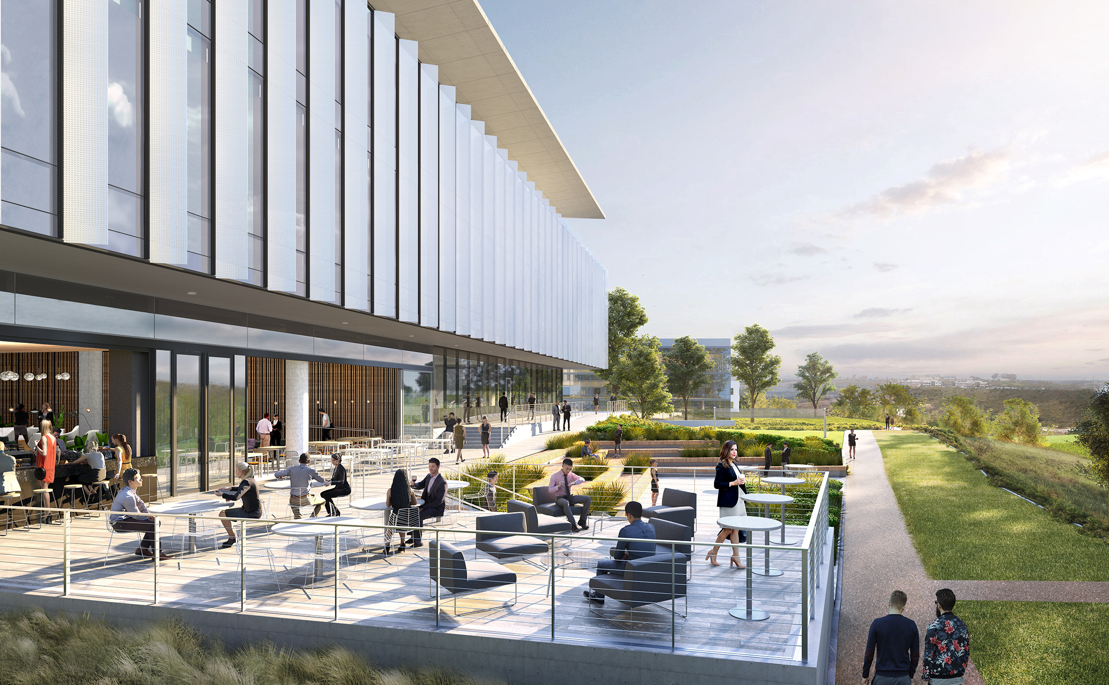 Rendering of deck with hard and soft seating and view expansive views