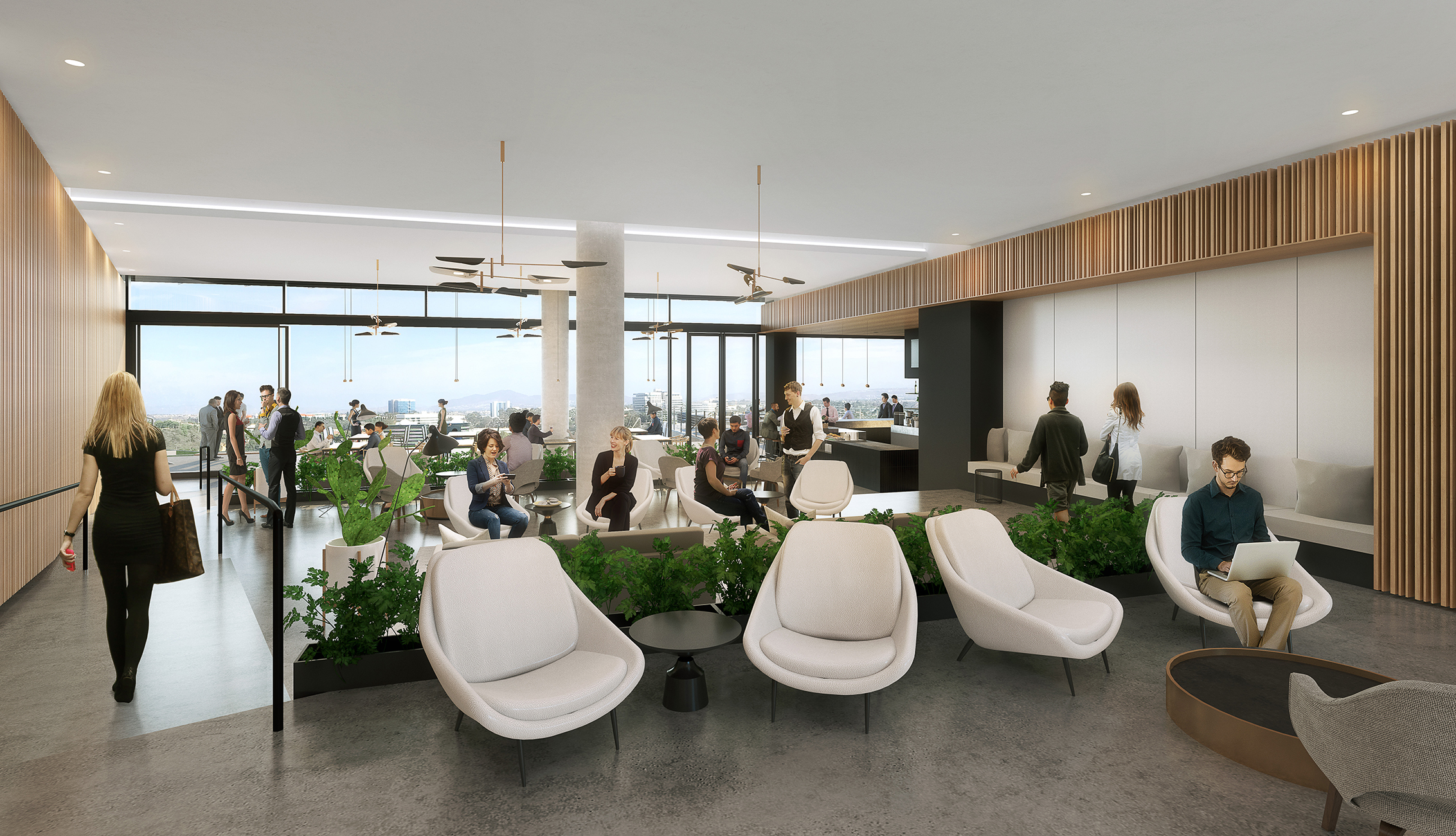 Rendering of lobby with soft seating, green plants, and large windows with views to blue sky