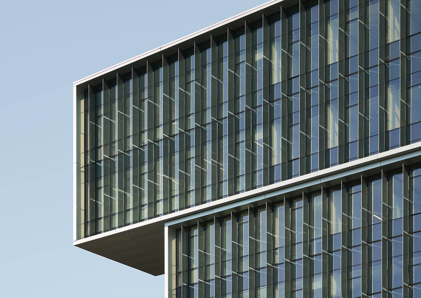Close up view of the solar glass fins on the south facade of the Life Sciences Building