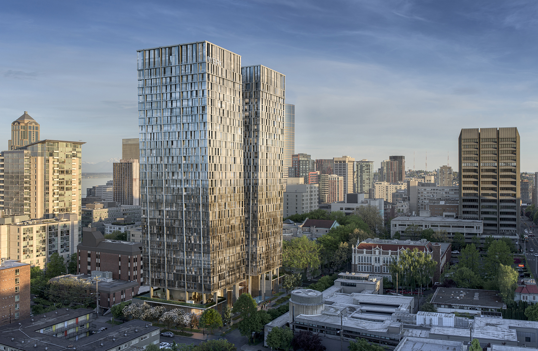 Rendering of 707 Terry towers with downtown Seattle and the Puget Sound in the background