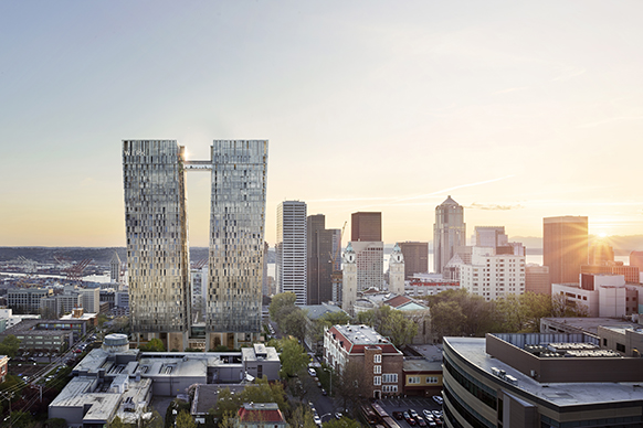 707 Terry residential towers during the sunset