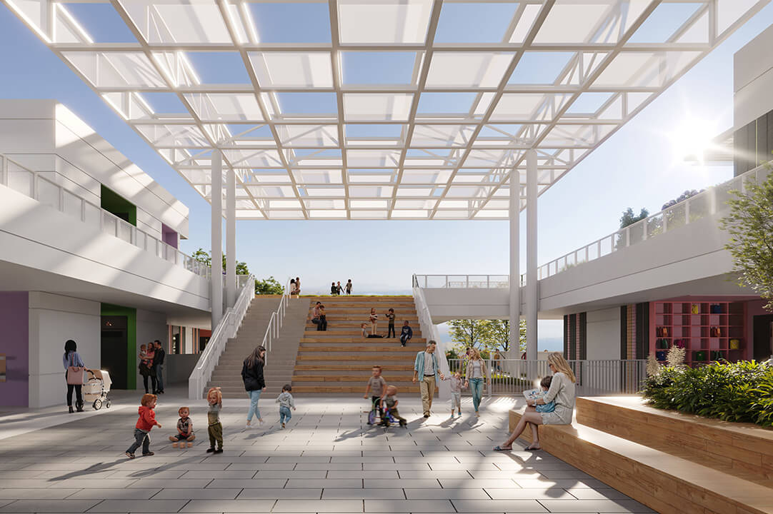 Modern school courtyard with children playing under a geometric canopy in sunlight.