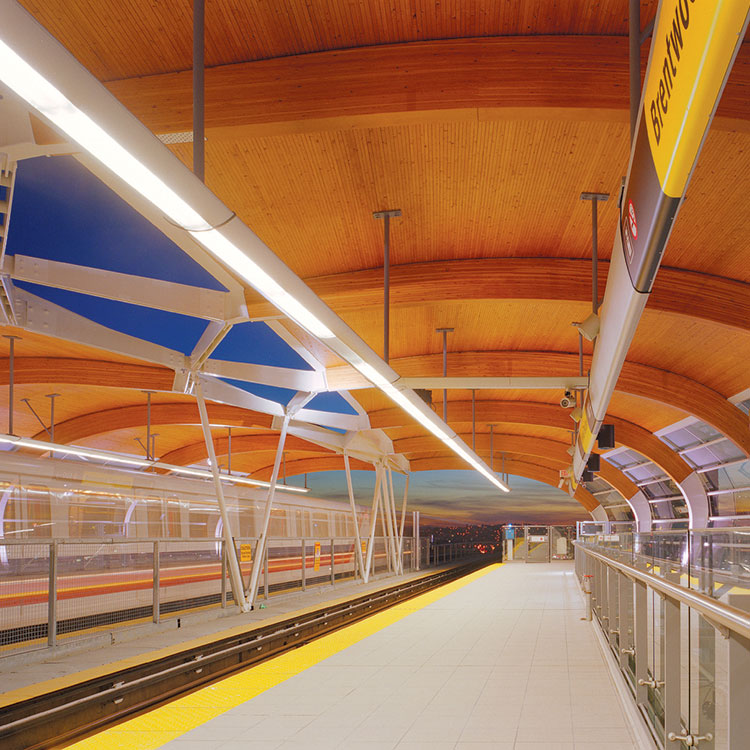 Brentwood station platform showing wood roof.