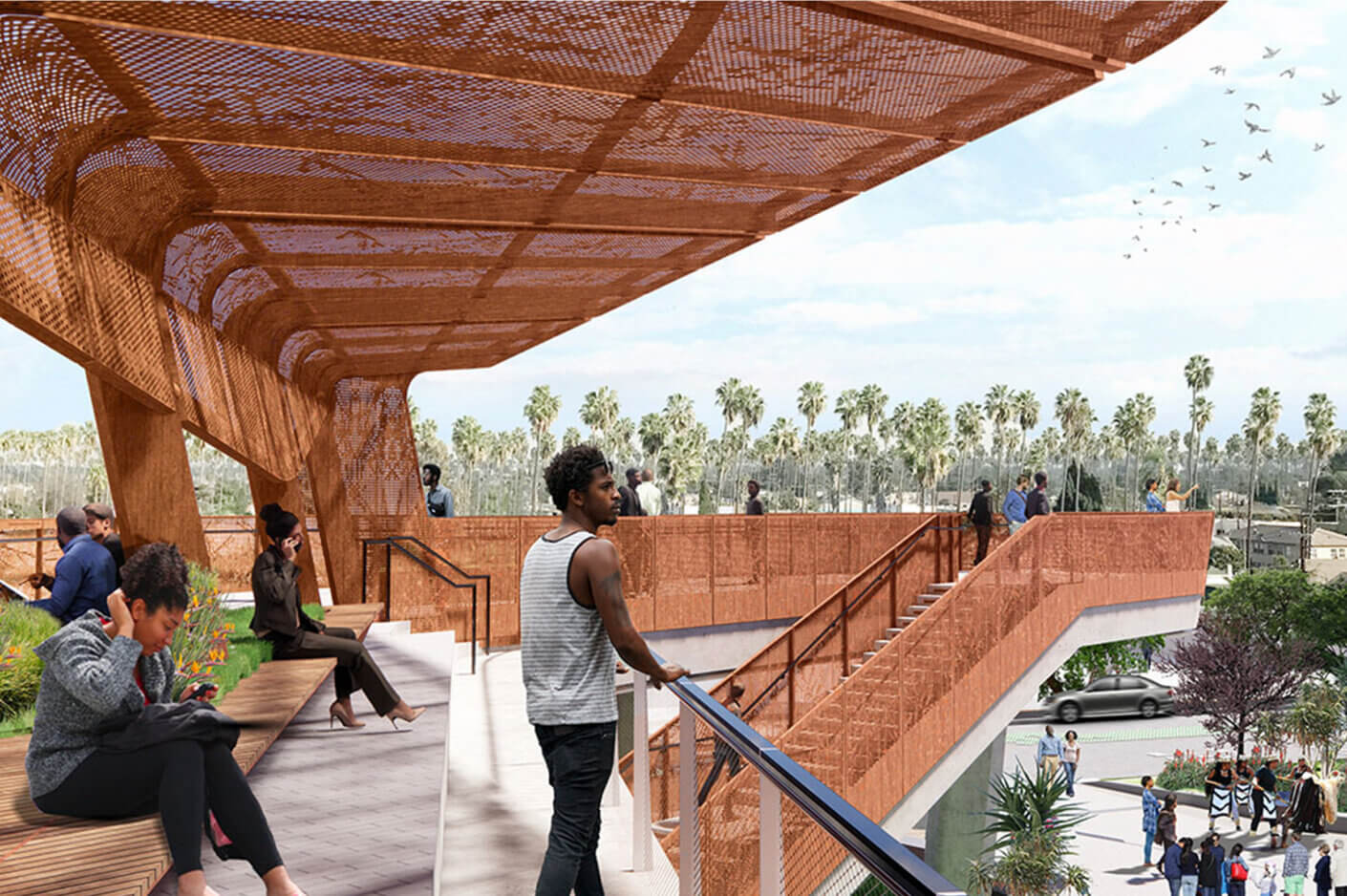 Modern urban pedestrian bridge with people relaxing and enjoying the view.