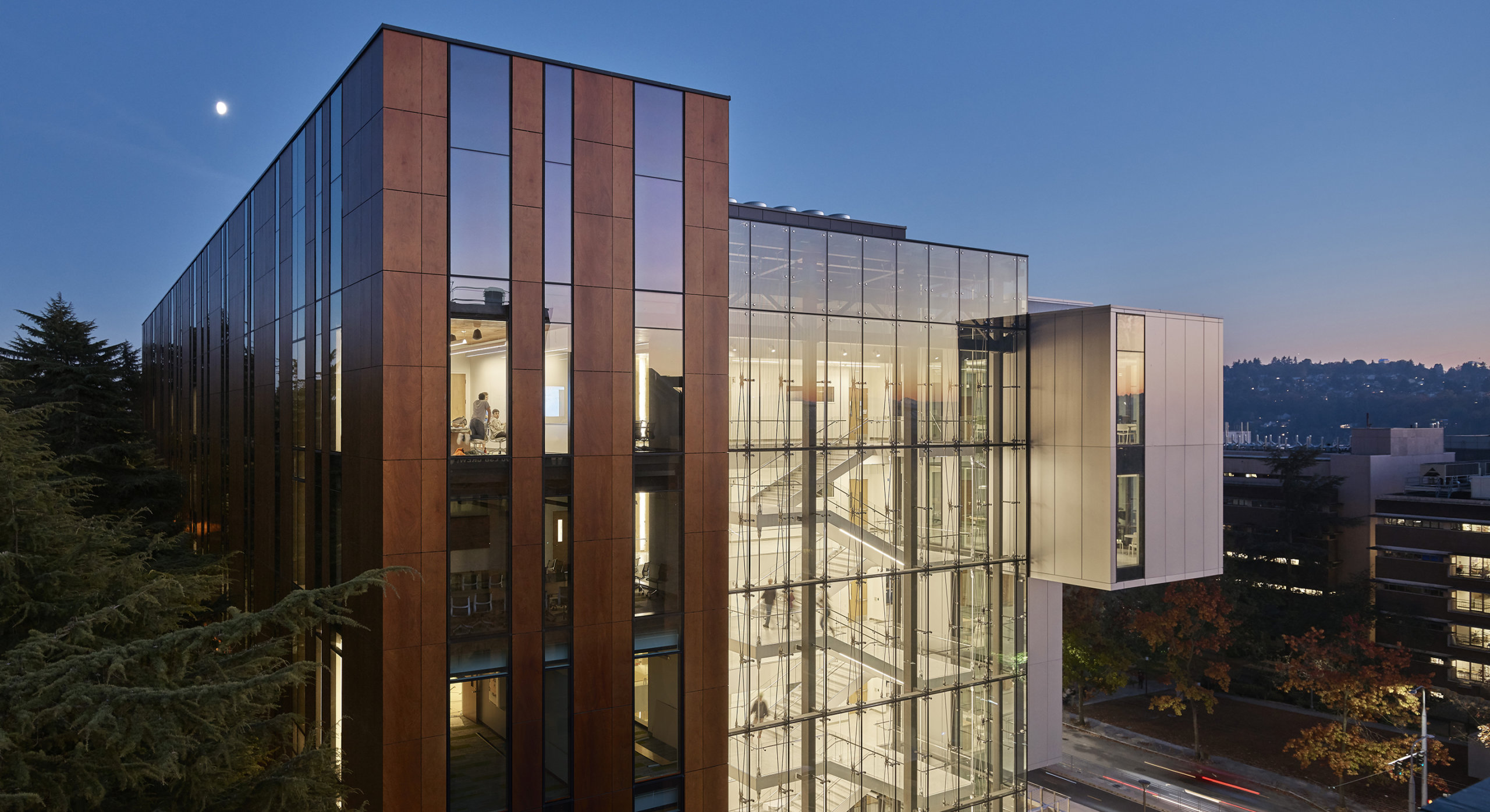University of Washington Life Sciences Building exterior view of west facade at dusk