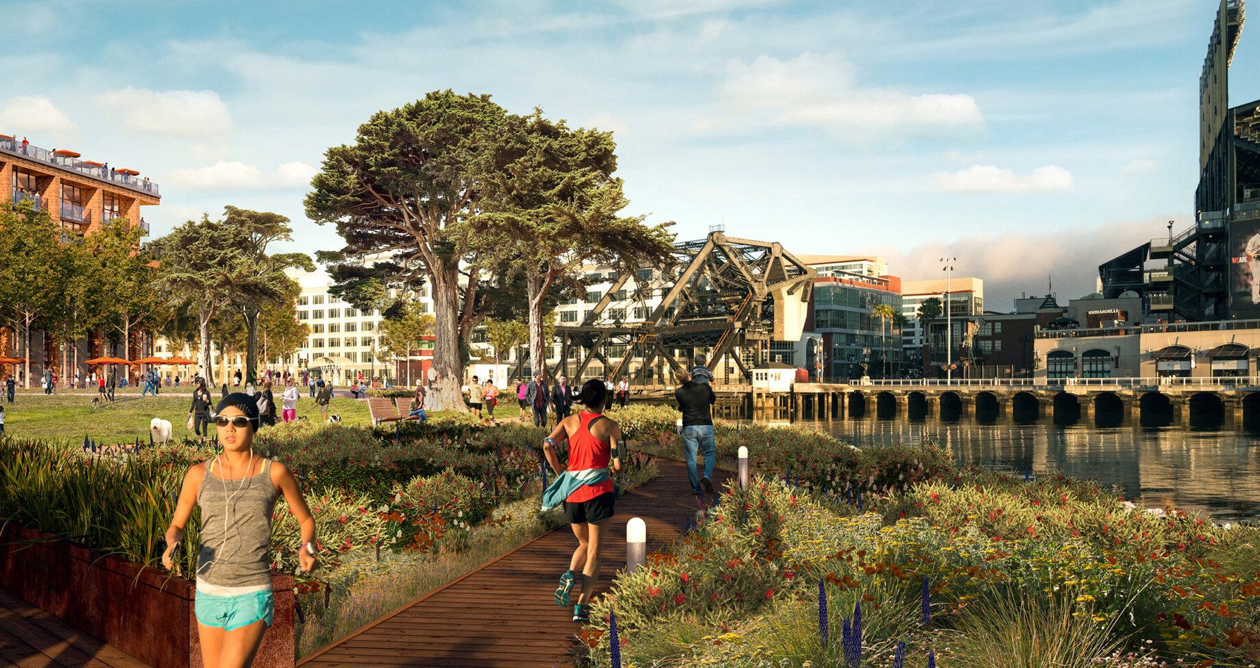 Urban architectural landscape featuring waterfront, multi-story buildings, greenery, and pathways designed for pedestrian activity and recreation.