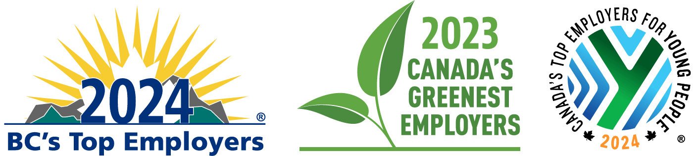 Logos for BC's Top Employer 2024, Canada's Greenest Employer 2023, and Canada's Top Employer for Young People 2024.