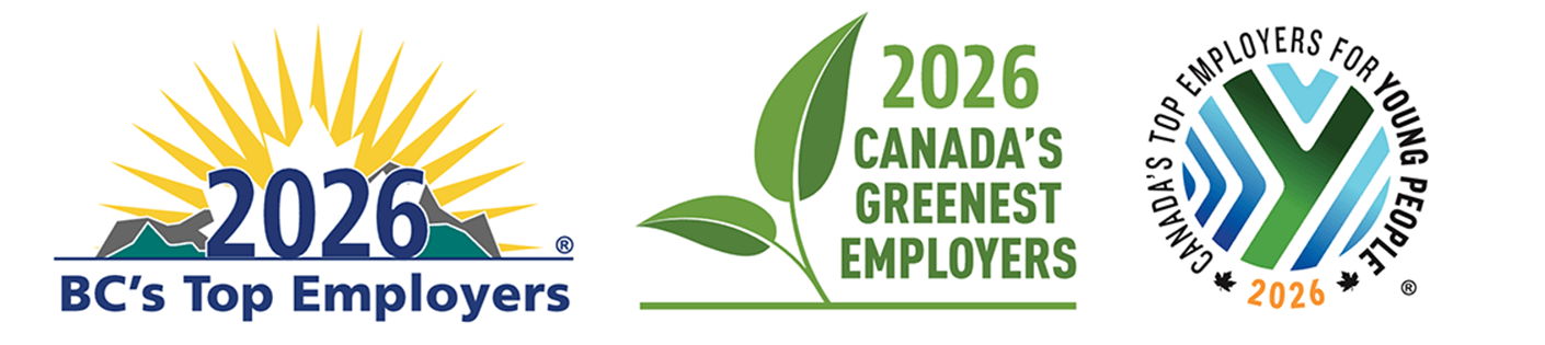 Logos for BC's Top Employers 2026, Canada's Greenest Employers 2026, and Canada's Top Employers for Young People 2026.