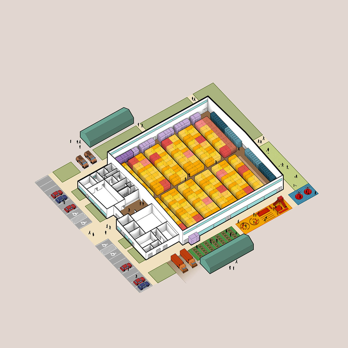 Illustration of a community shelter with storage areas, vehicles, and surrounding facilities.
