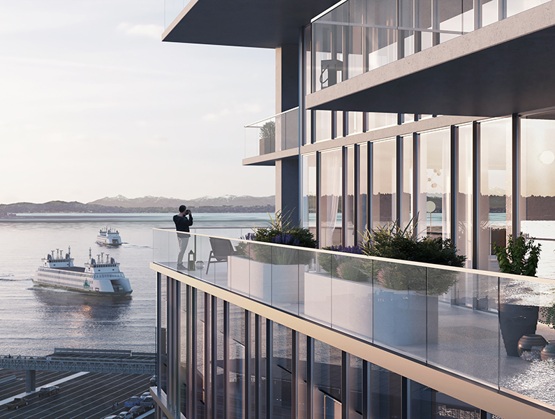 Rendering of residential balcony on 800 Western with views to the Puget Sound and a ferry in the background.