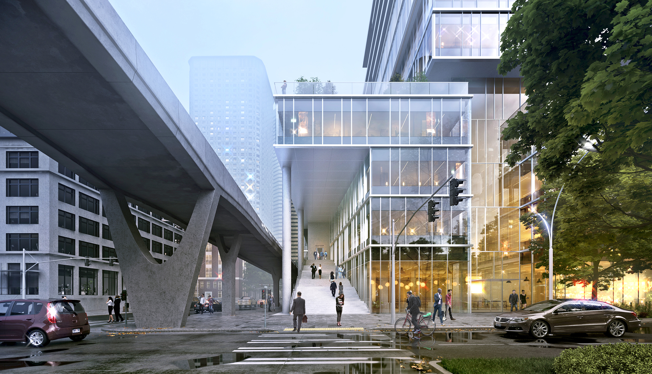 Exterior street-level rendering of 800 Western with cars, cyclists, and pedestrians passing by.