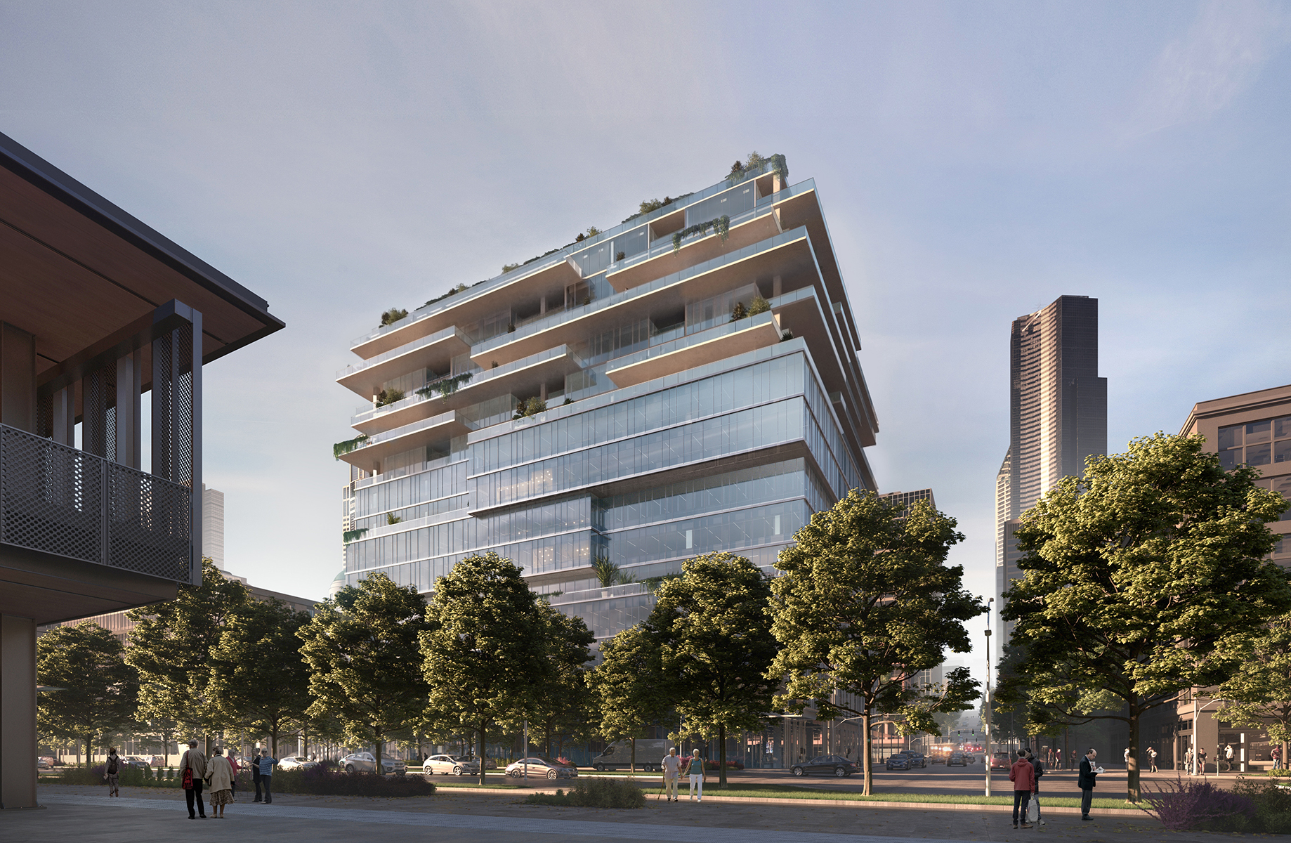 Rendering of 800 Western. View from street level facing west.