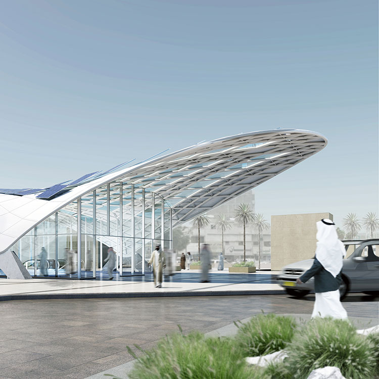 Rendering of prototype metro station showing elegant steel canopy structure.