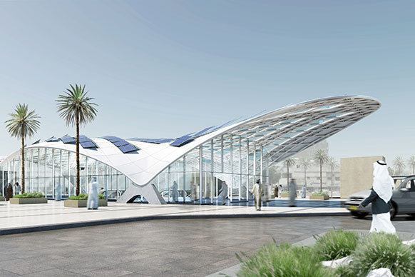 Rendering of prototype metro station showing elegant steel canopy structure.