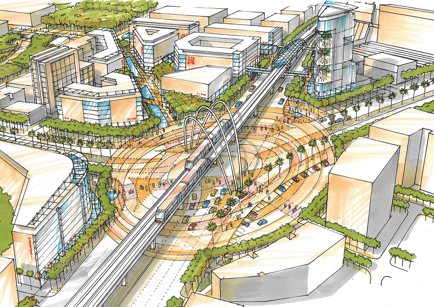 Sketch showing urban design integration of transit line.