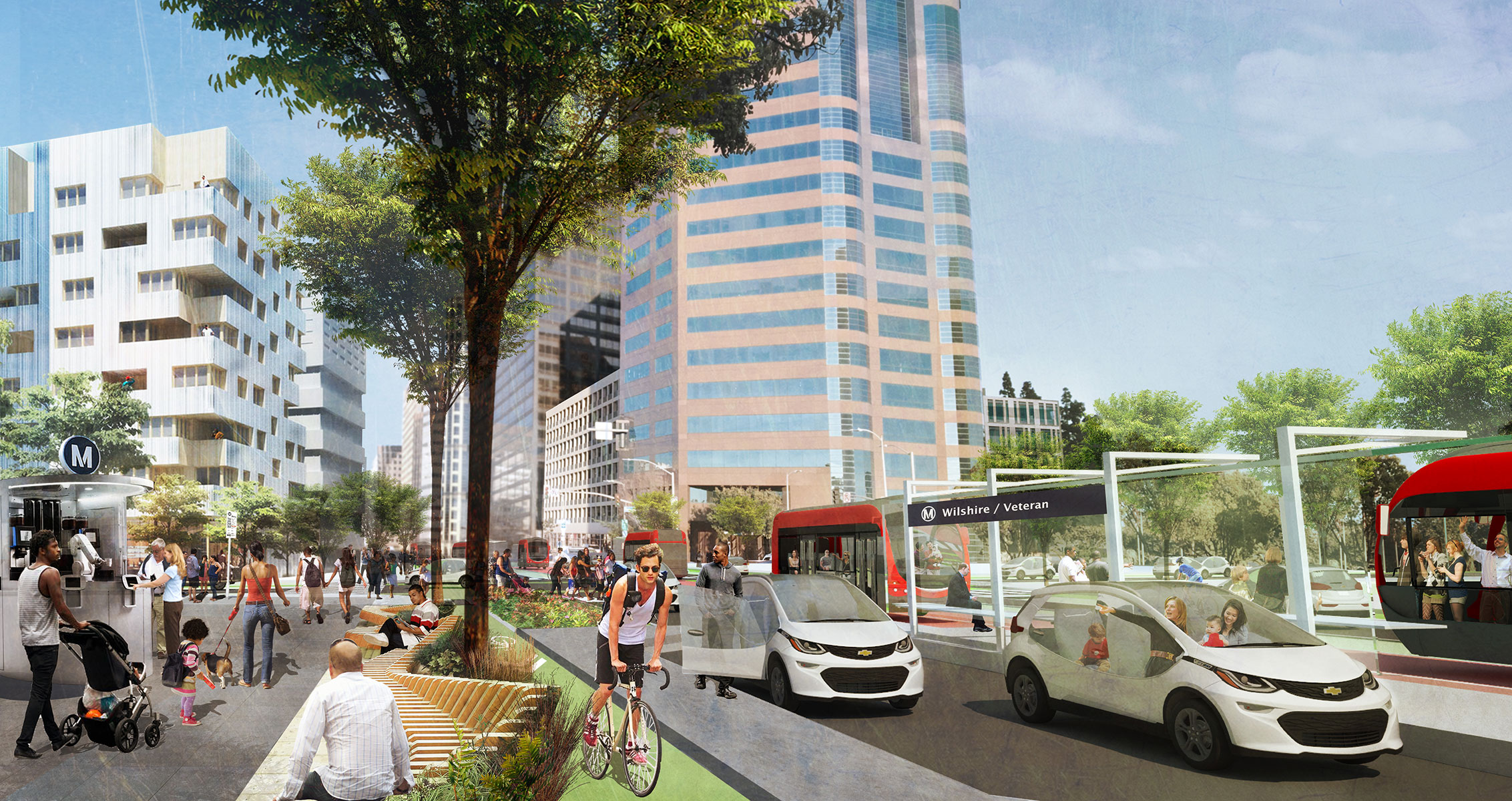 Rendering of Wilshire Boulevard in Los Angeles showing a vibrant, multi-modal future.