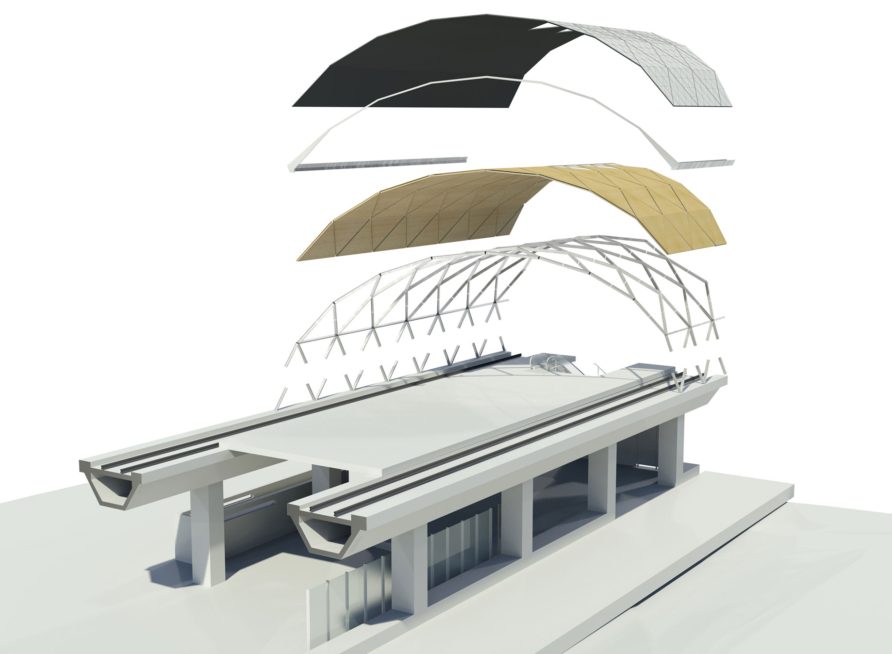 Axonometric rendering showing roof components of stations.
