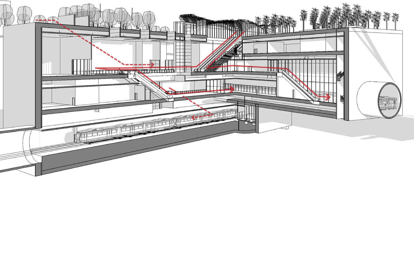 Seção da perspectiva da estação de Rideau que mostra a circulação.