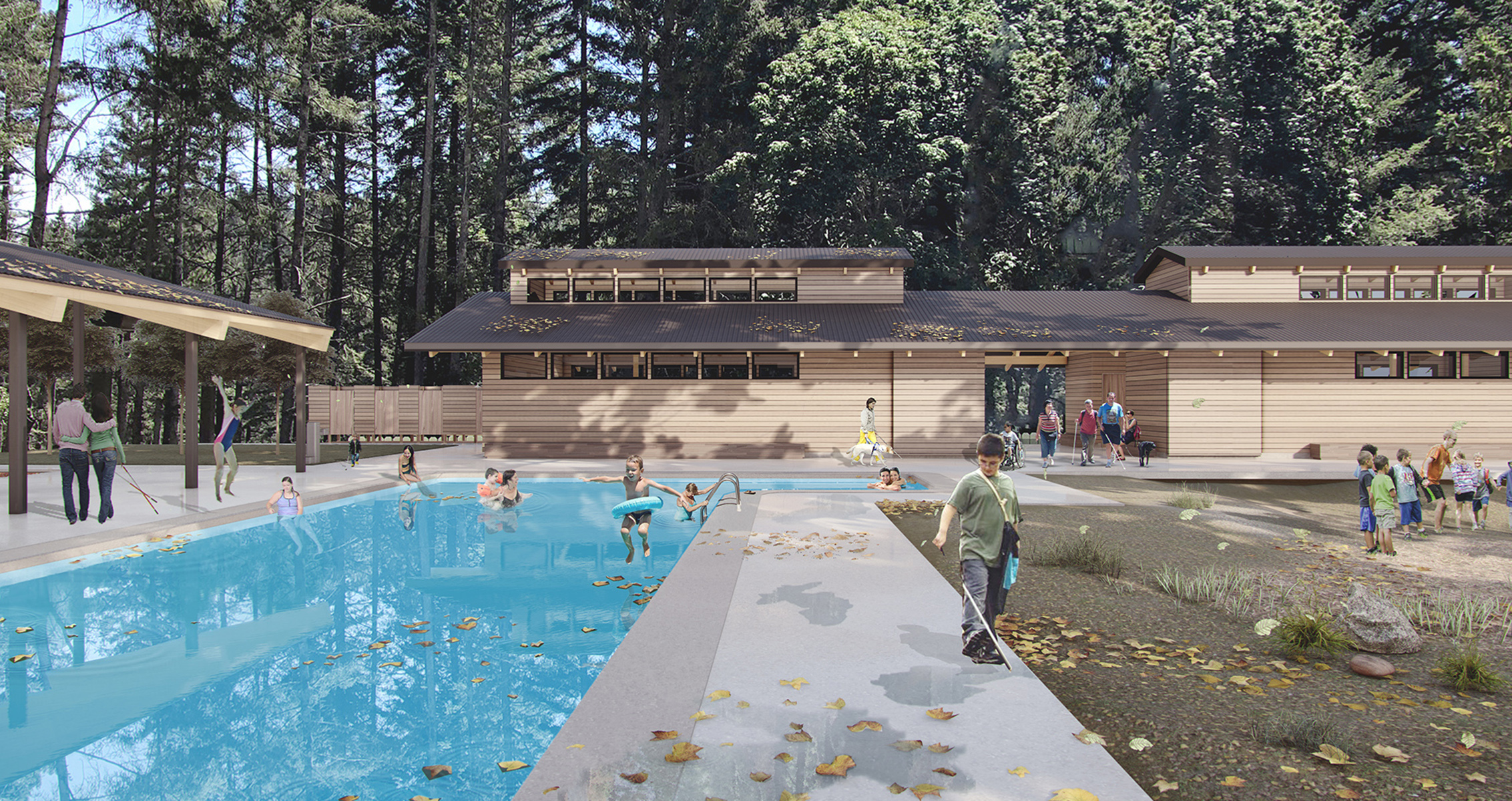Rendering of the bathhouse. Children play in the pool. Visitors mingle around the bathhouse and adjacent lawn.