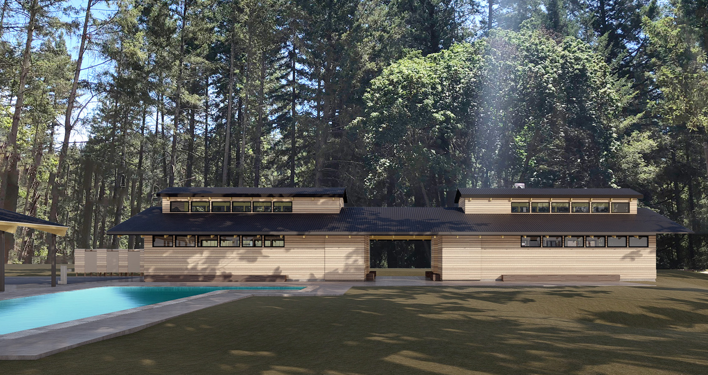 Rendering of the bathhouse showing the wood exterior and natural light filtering through the windows.