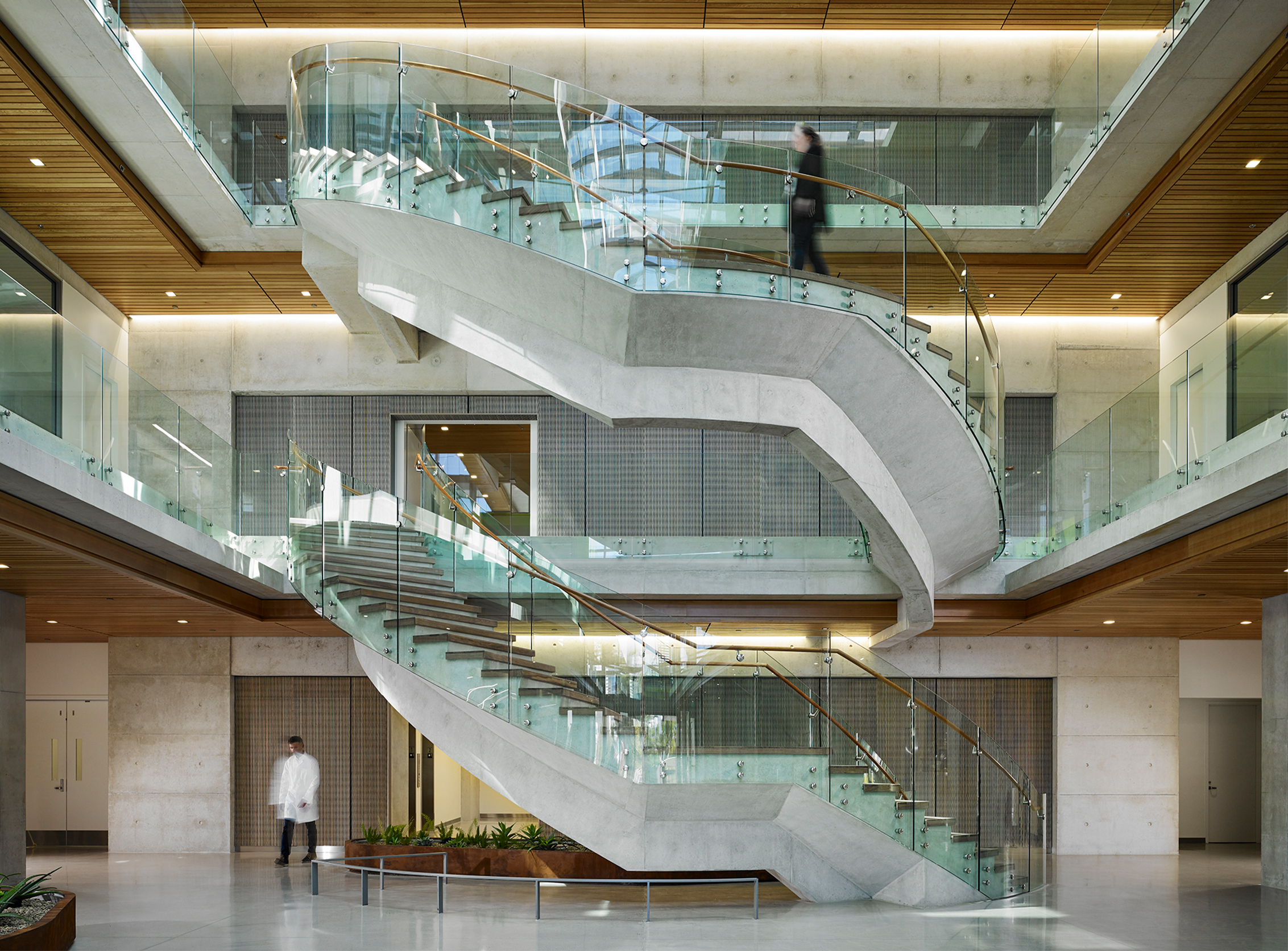 Large winding concrete stair inside atrium