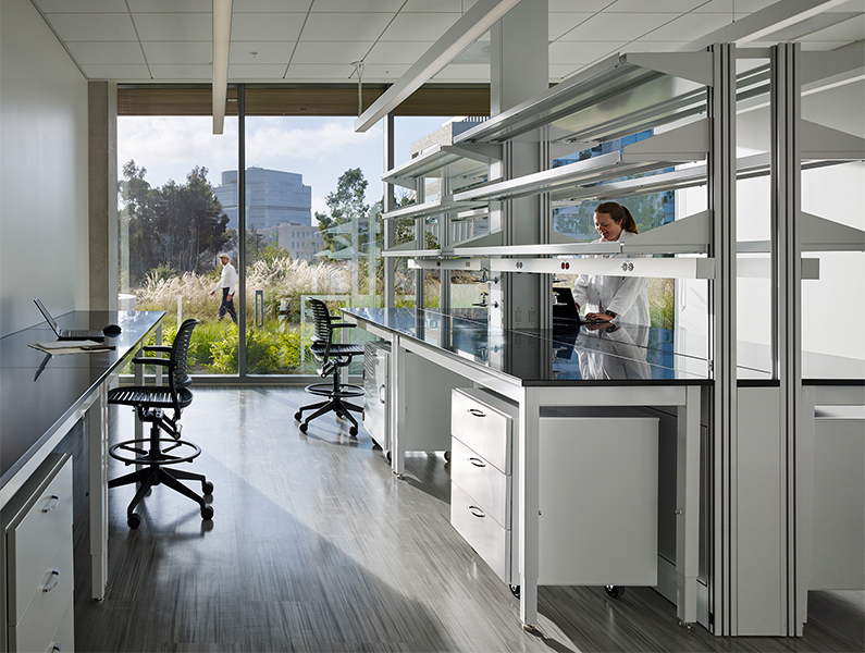 Woman working in lab with large windows and views to outside landscape.