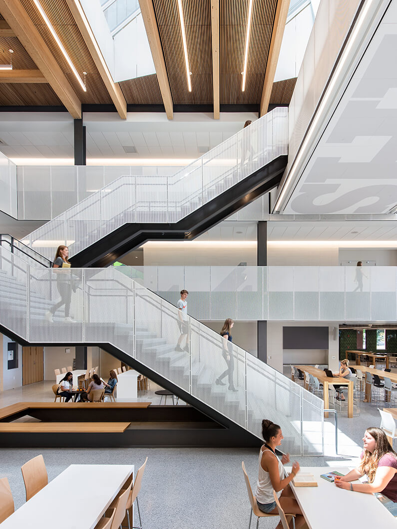 View of communicating stairs in dining commons.