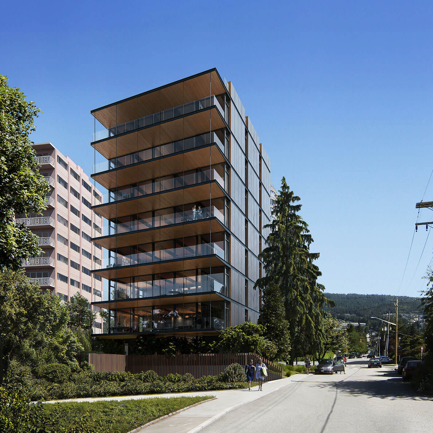 Rendering of the front of the Bellevue project looking north showing the large full width balconies.
