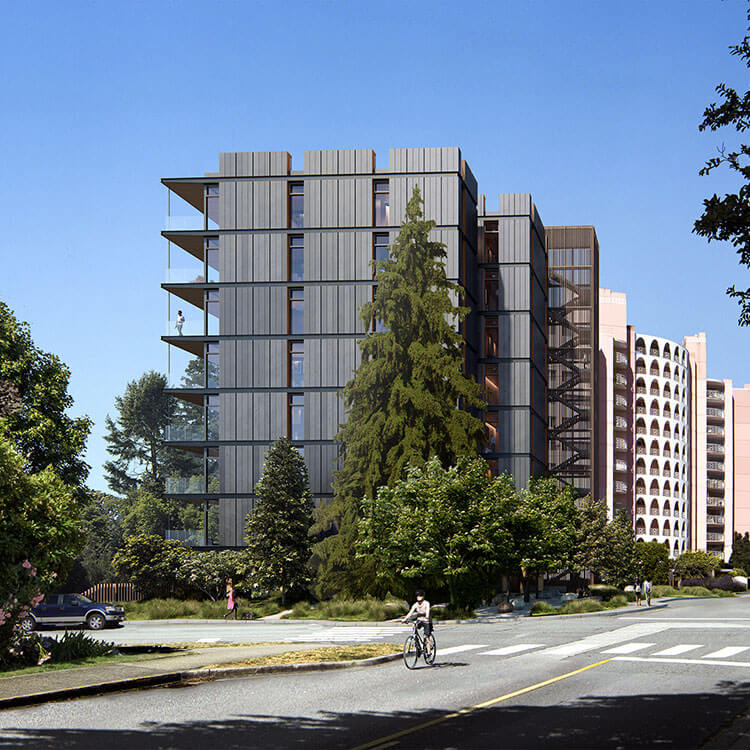 Rendering of the Bellevue project looking west showing the full building elevation with neighbouring buildings in the background.