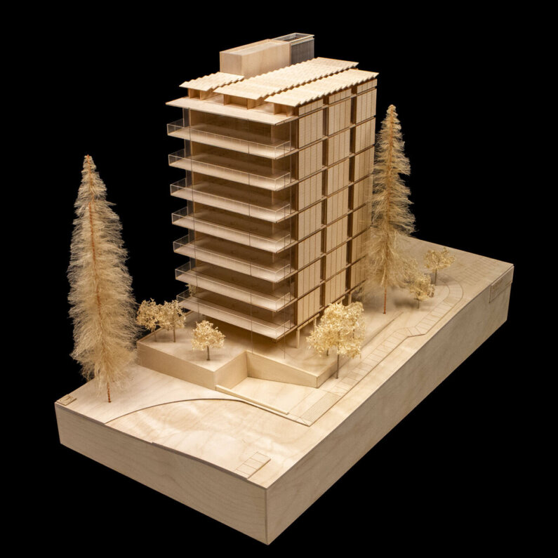 A photograph of the wood model of the project.