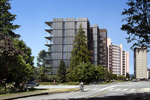 Rendering of the Bellevue project looking west showing the full building elevation with neighbouring buildings in the background.