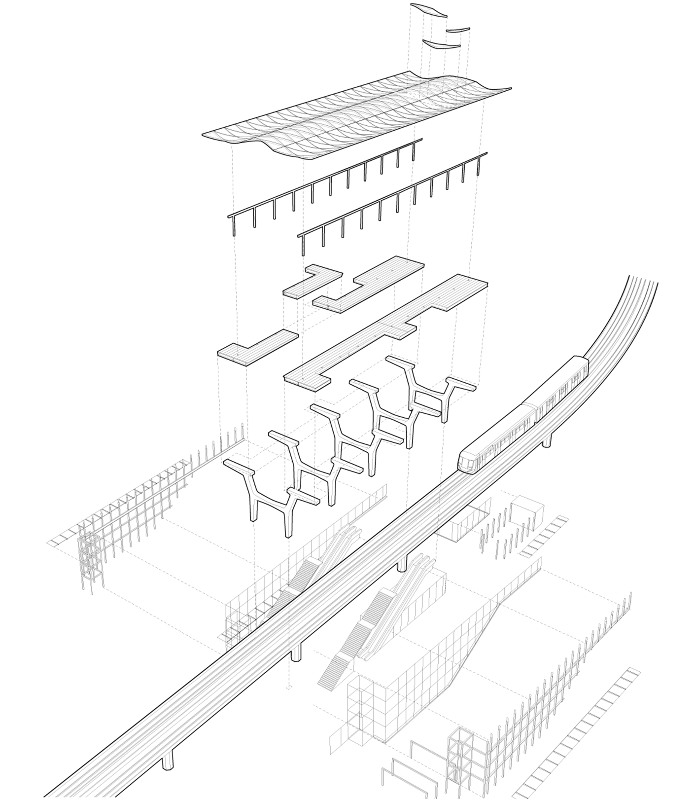 Exploded axonometric on station assembly