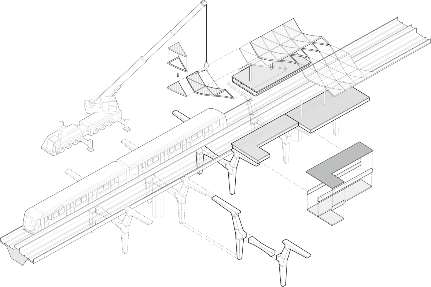Diagram showing prototype station assembly around active guideway.