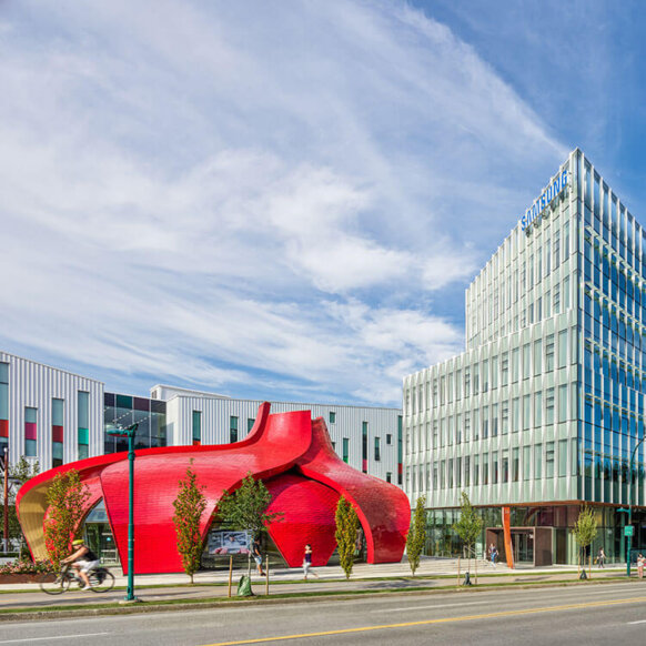 Photo from Great Northern Way showing office building and pavilion.