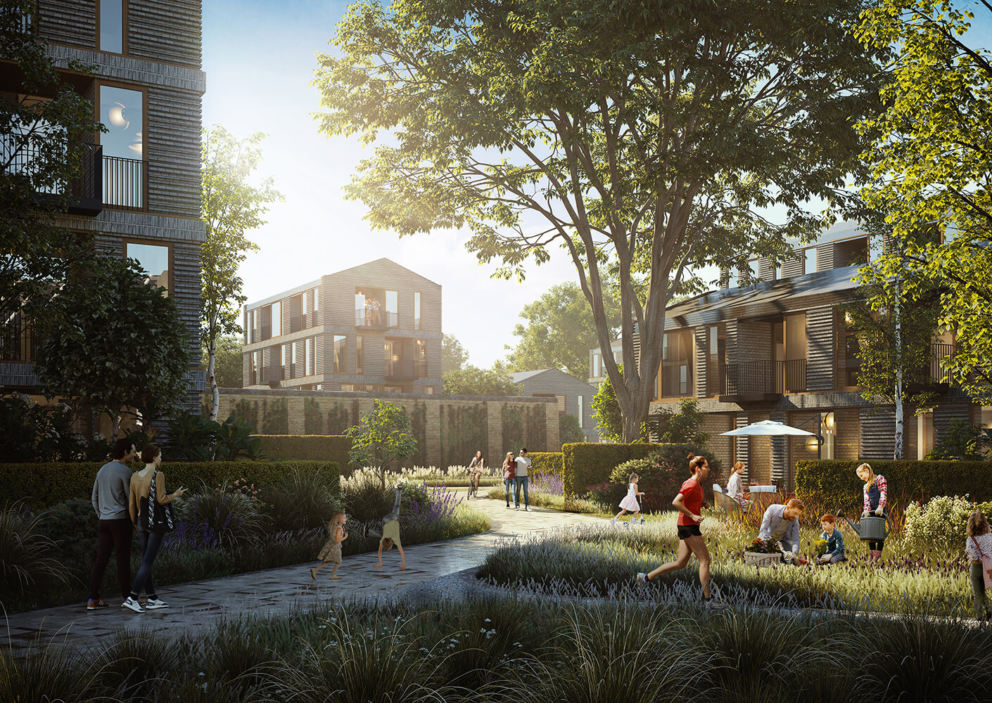 grassy courtyard with people walking by