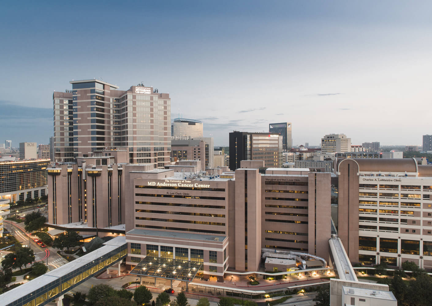 An exterior, campus shot of MD Anderson Cancer Center.