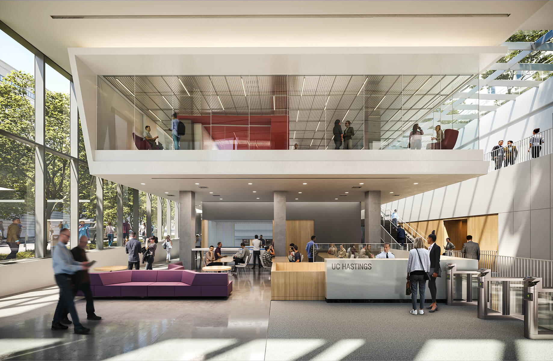 An image of the proposed interior of the 198 McAllister project with a mix of public, academic, and resident spaces.