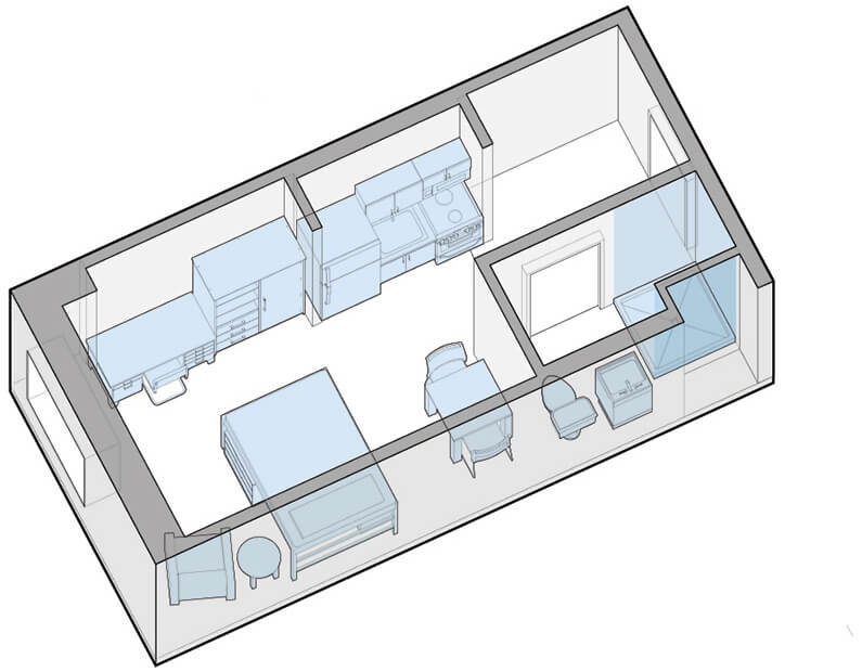 A diagram of an efficiency unit showing room layout and furniture.