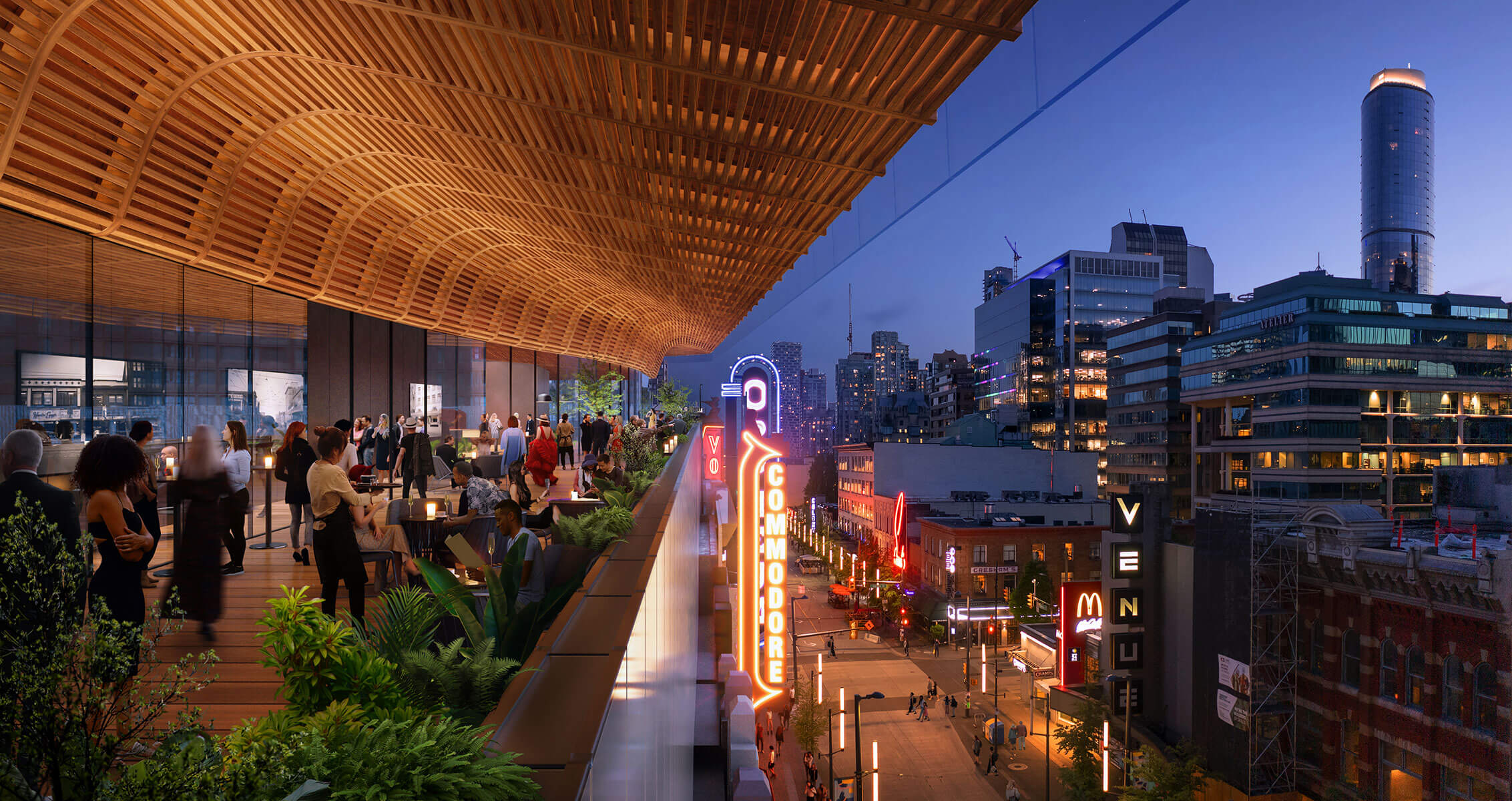 Rendering looking down Granville Street from the elevated cultural terrace.