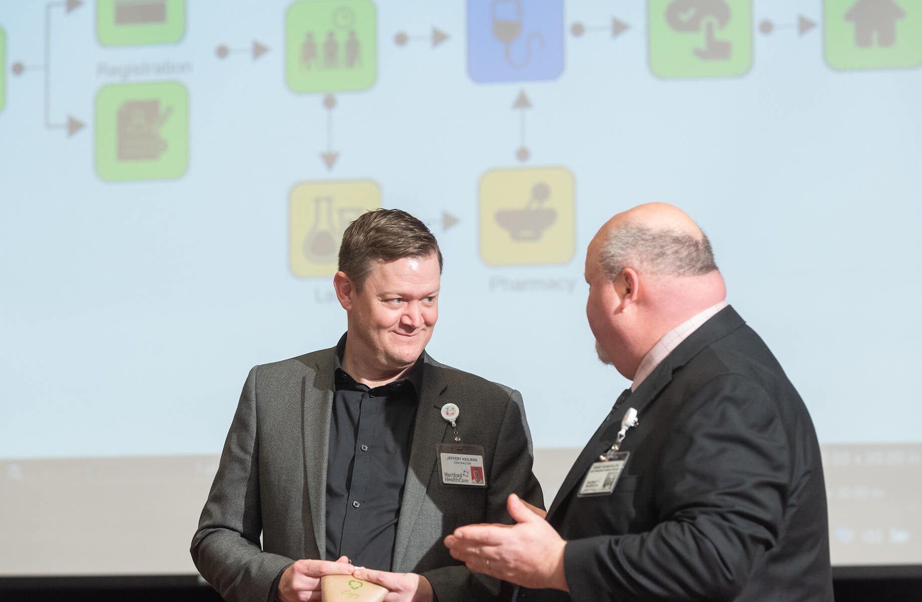 Jeffrey Keilman listening to client during a healthcare presentation.