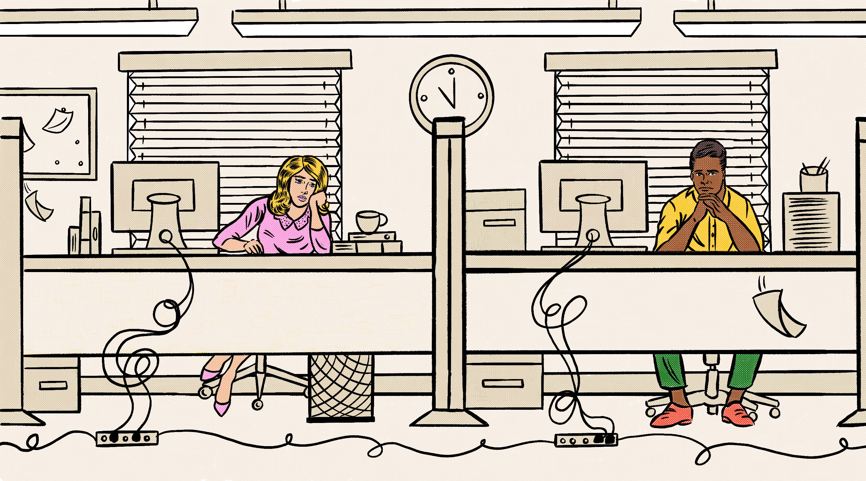 Drawing showing two people in an office setting