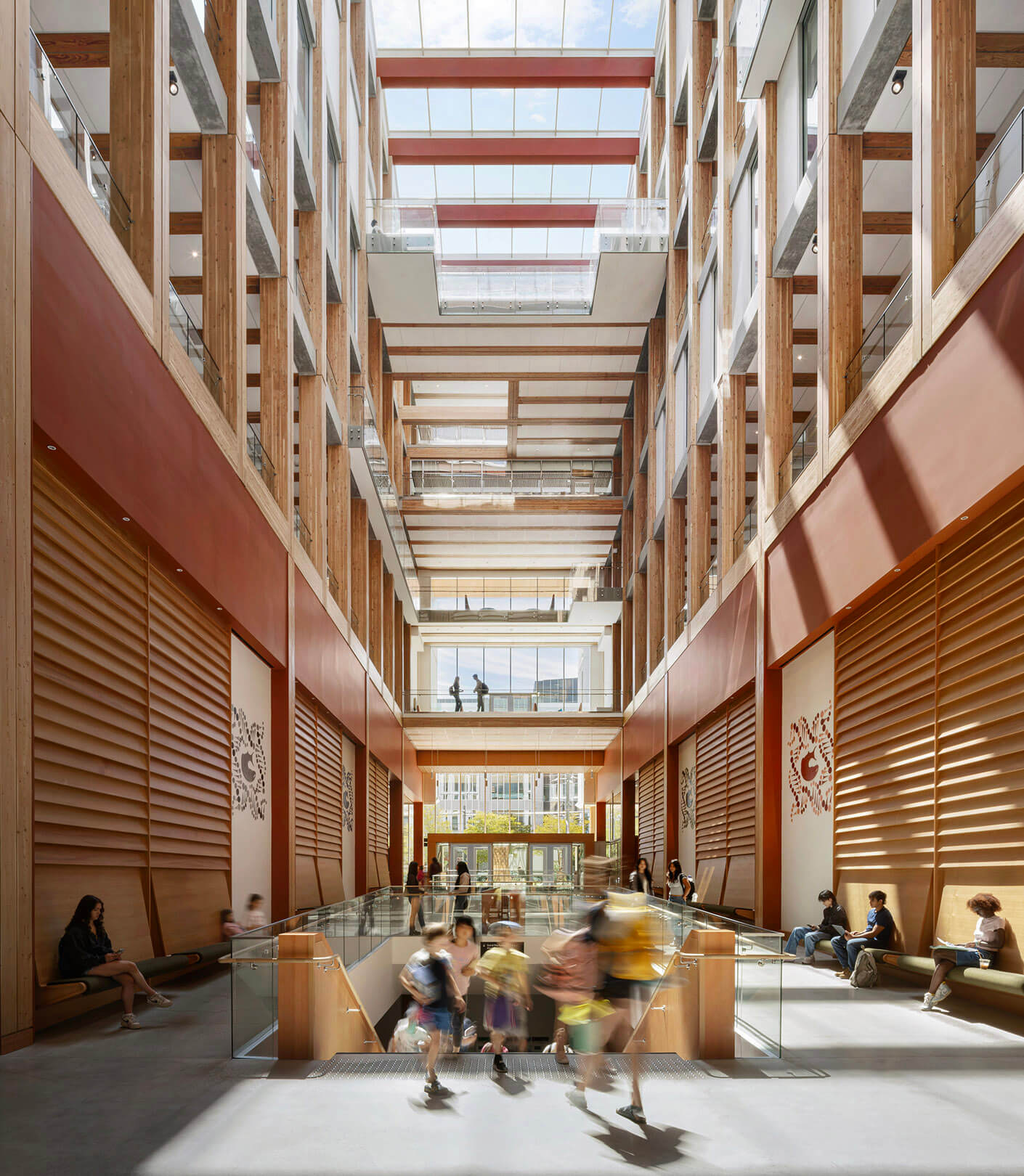 Interior daytime view of the central atrium of the UBC MacIsaac Health Building