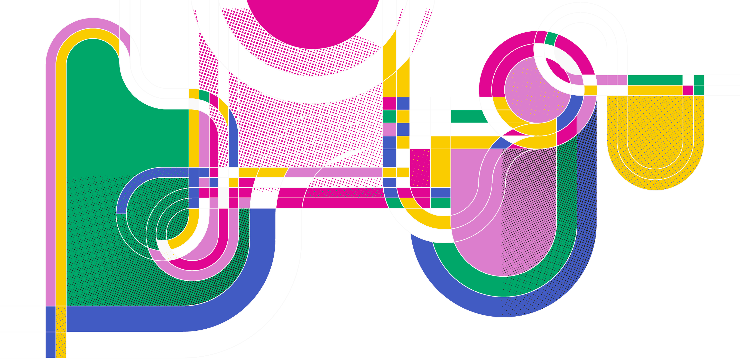 Abstract illustration depicting winding roadways and intersections in bright colors