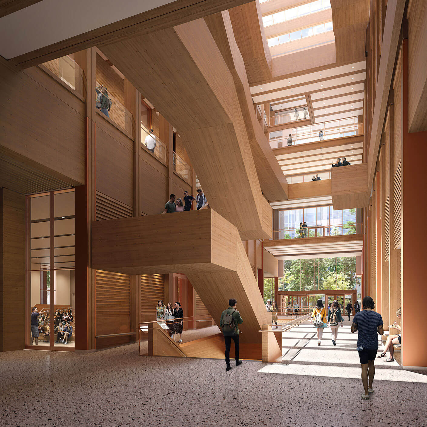 Rendering showing the atrium from the ground floor level of UBC Gateway building.