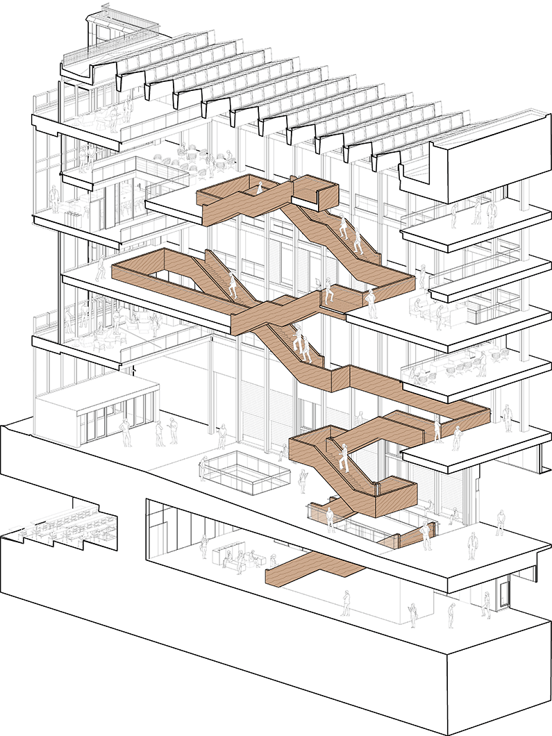 Axo diagram showing the Ribbon circulation staircase that winds up the atrium.