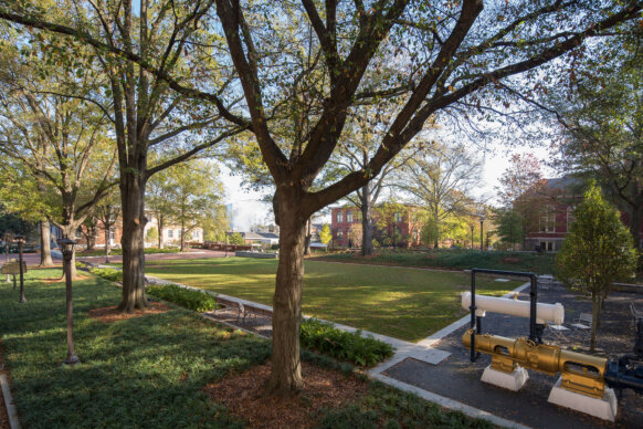 Looking northeast across the lawn and Harrison Square