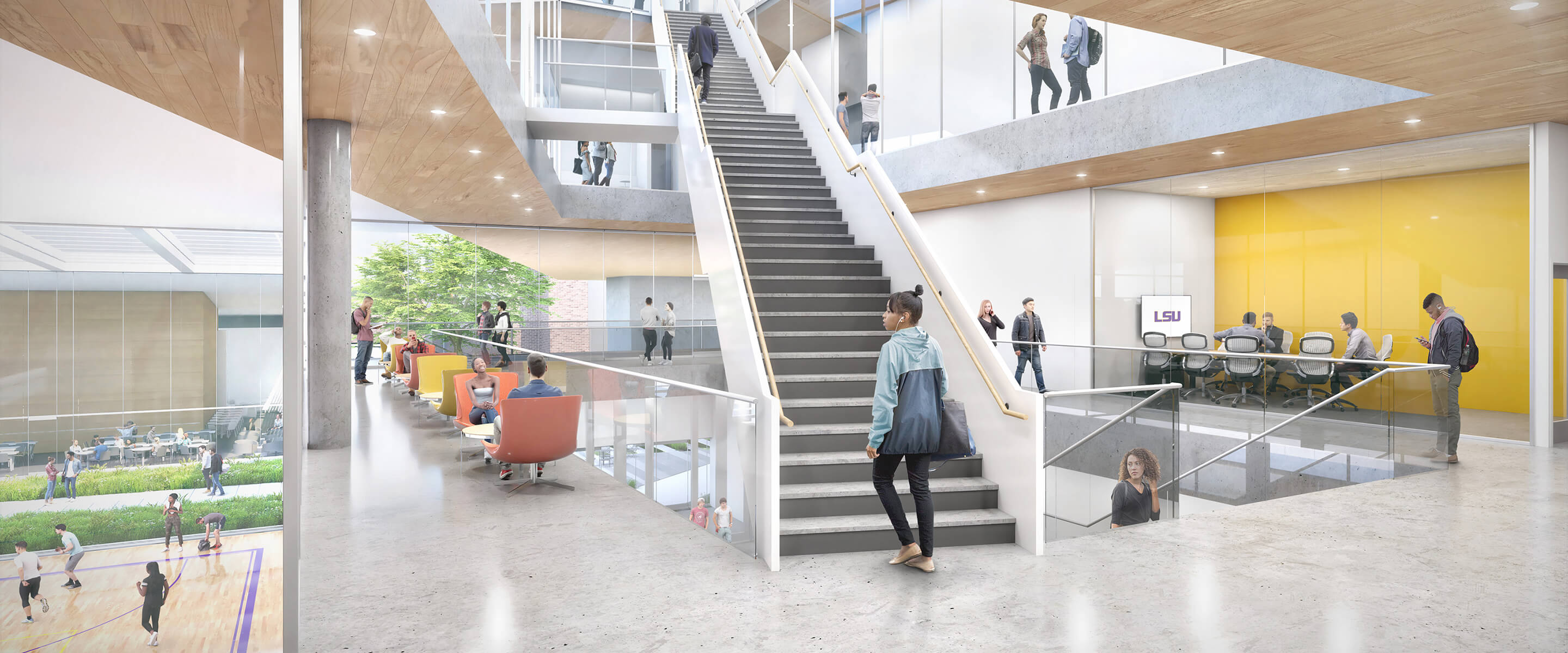 A rendering of the building's interior with students actively using the space