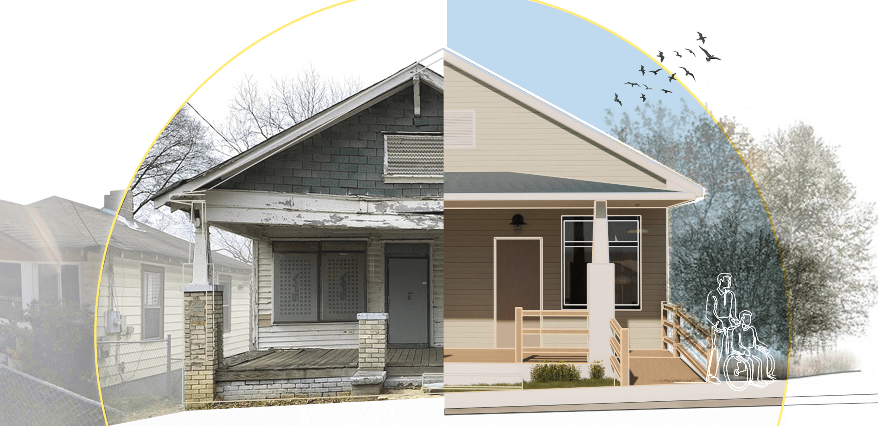 Photo of a historic home's existing condition and a rendering of energy-efficient, water-wise, healthy retrofit strategies